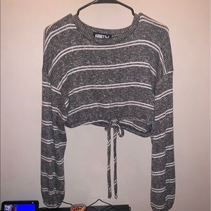 Gray and White Striped Long Sleeve Crop Top